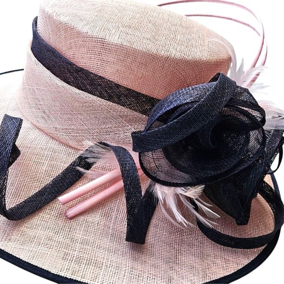 Y2K Cappelli Condici Pink Black Wide Brim Fascinator Hat Feathers L XL 25–26" - Picture 4 of 12